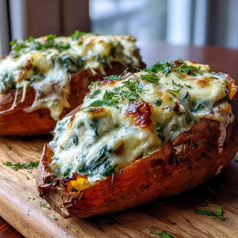 Close-up of a hot Creamy Mushroom and Spinach Stuffed Sweet Potato revealing a savory blend of sautéed mushrooms, wilted spinach, and cream cheese.