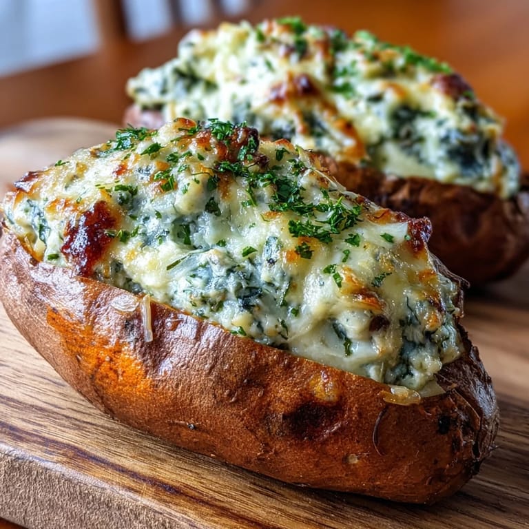 Freshly baked Creamy Mushroom and Spinach Stuffed Sweet Potatoes served alongside a crisp green side salad for a wholesome vegetarian meal.