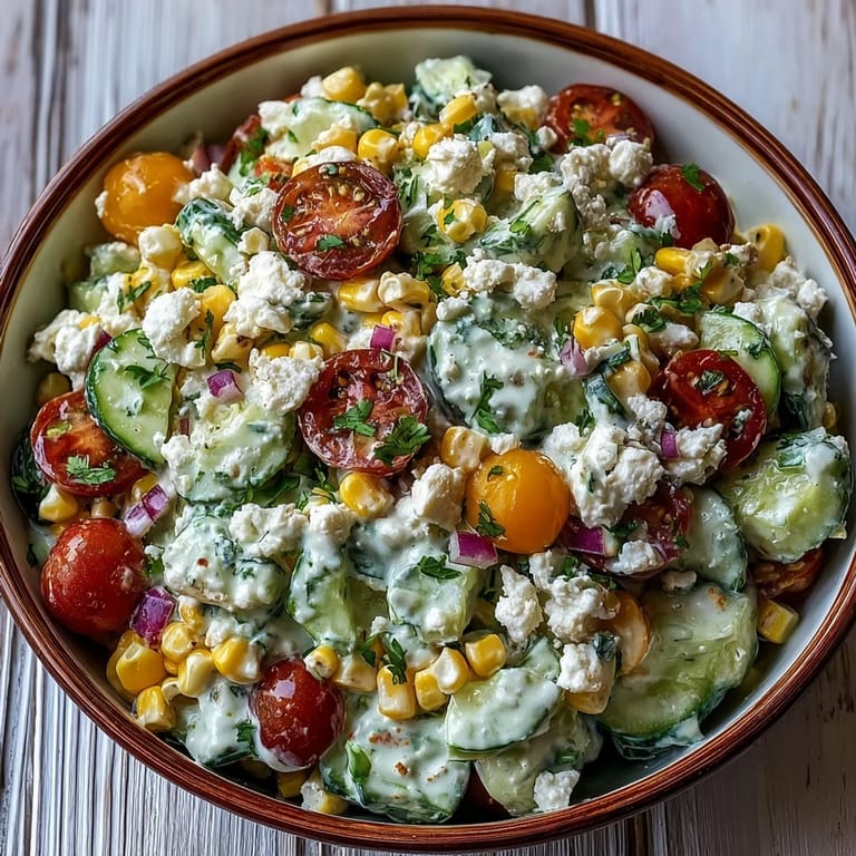 A bowl of Street Corn Creamy Cucumber Salad mixed with juicy tomatoes and a creamy lime dressing. 