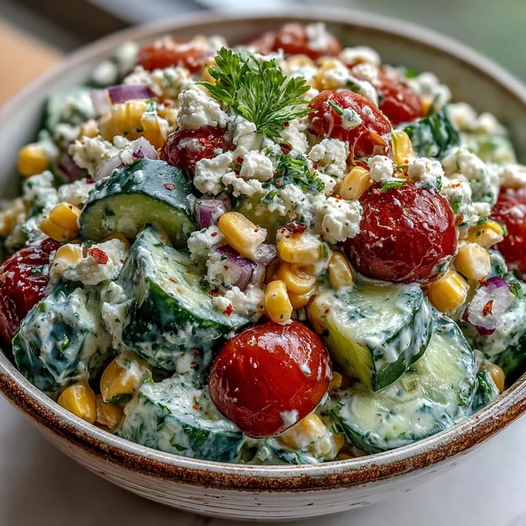 Serving suggestion for Street Corn Creamy Cucumber Salad with a spoon, ready for a summer barbecue.