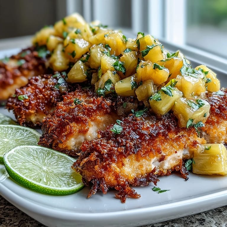 Perfectly baked Coconut Crusted Salmon plated with sweet Pineapple Salsa and fresh cilantro for a tropical dinner.