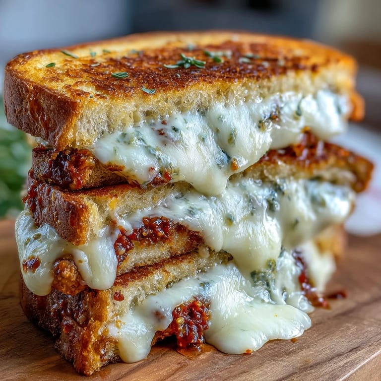 A toasted Sun-Dried Tomato Pesto Grilled Cheese sliced diagonally, revealing vibrant pesto spread and gooey mozzarella layers.