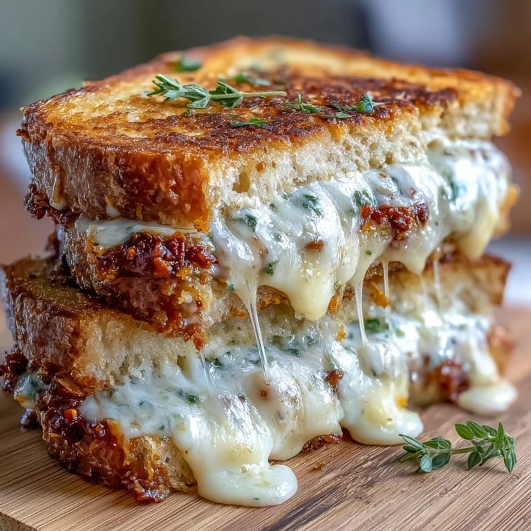 Close-up of a hot Sun-Dried Tomato Pesto Grilled Cheese, crispy crust and rich melted cheese perfect for pairing with soup.