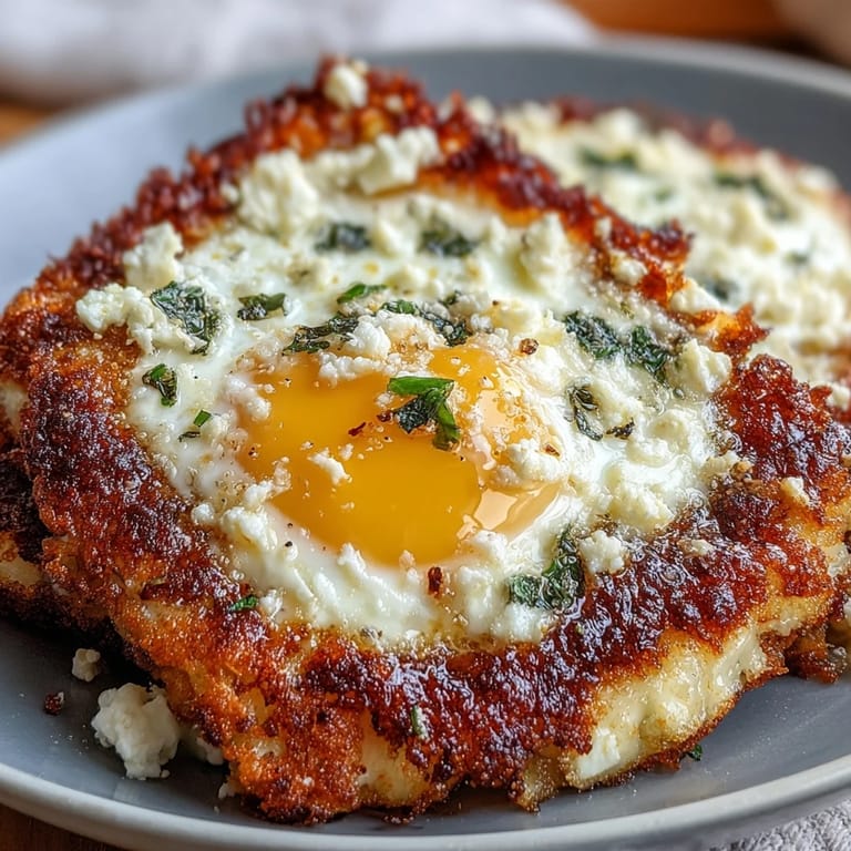 A close-up of Crispy Feta Fried Eggs on a plate, creamy yolks on a savory, crispy feta bed.