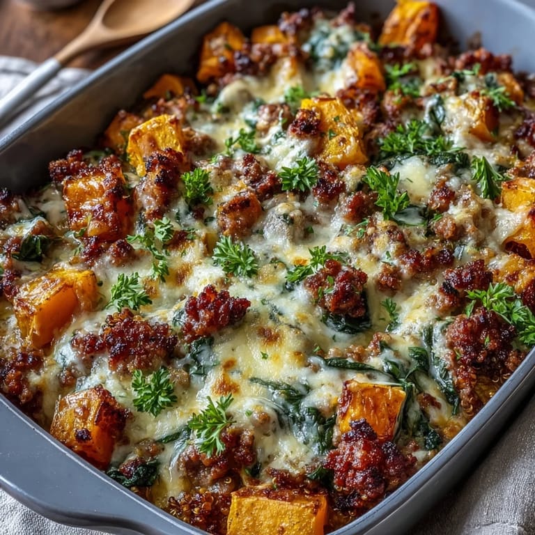 Close-up of Cozy Butternut Squash & Sausage Casserole revealing tender squash cubes and Italian sausage under melted mozzarella and Parmesan.
