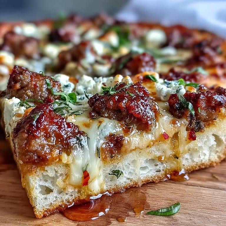 Hot Sausage Feta Honey Pizza bubbling with mozzarella and spicy sausage on a crisp crust.