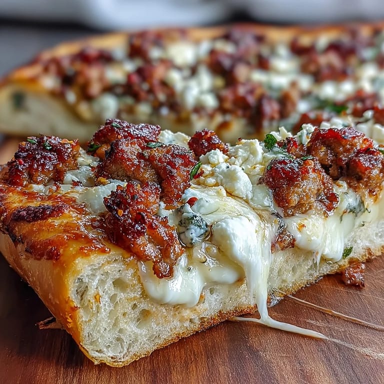 Close-up of Hot Sausage Feta Honey Pizza drizzled with spicy honey and crumbled feta.