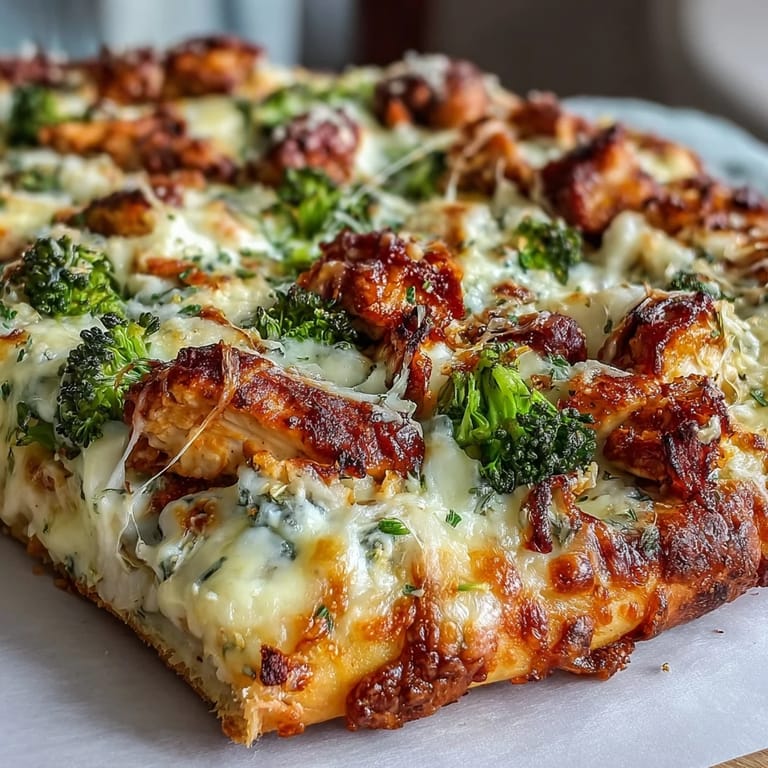 A slice of Garlic Parmesan Chicken & Broccoli Pizza revealing creamy white sauce, tender chicken, and bright broccoli.