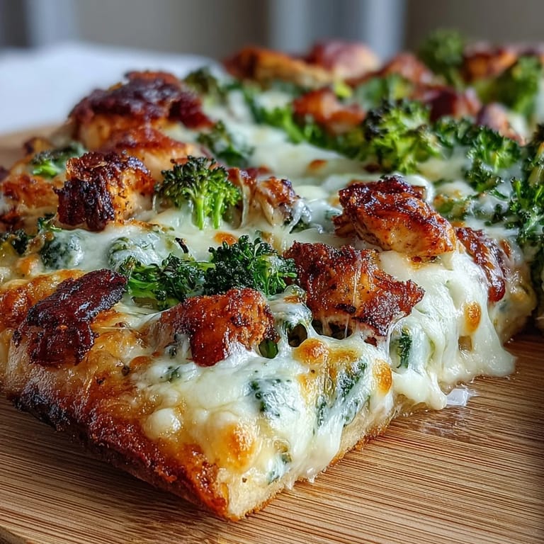 Close-up of Garlic Parmesan Chicken & Broccoli Pizza topped with parsley and red pepper flakes on a marble counter.