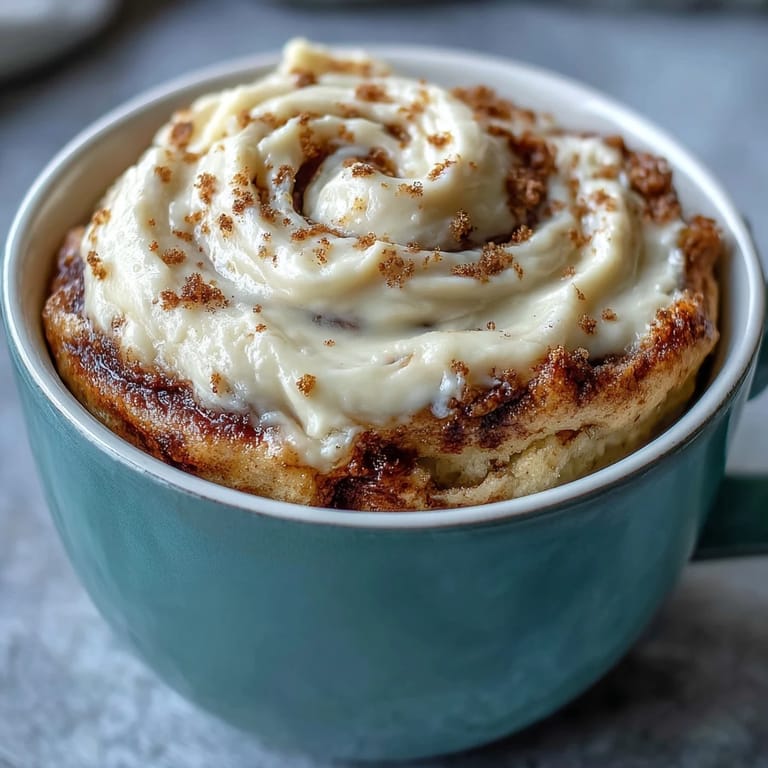 A single mug filled with fluffy High-Protein Cinnamon Roll Mug Cake, topped with sweet cream cheese frosting ready for breakfast.