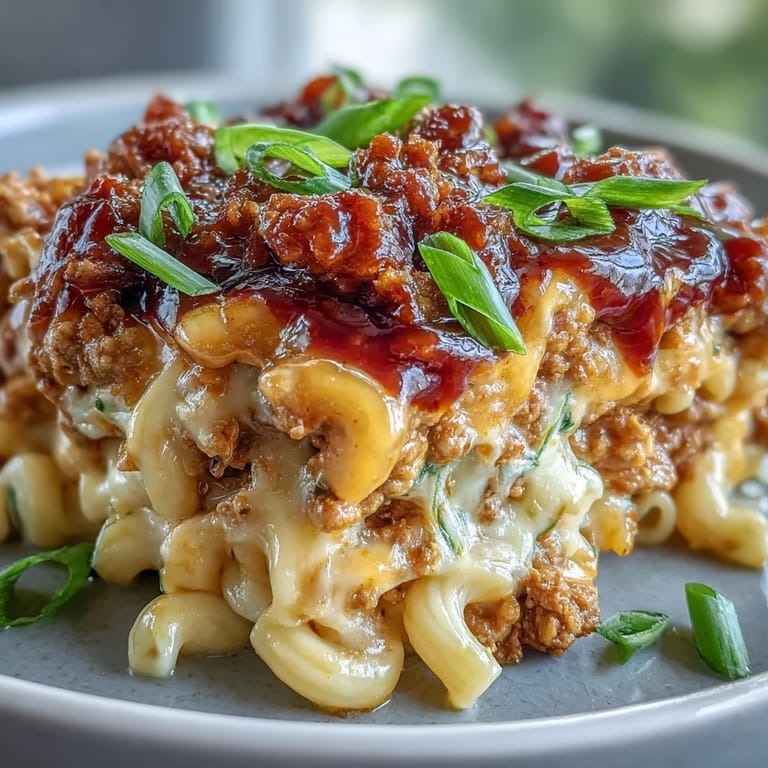 Close-up of creamy cheddar macaroni loaded with Korean-style turkey crumbles, garnished with toasted sesame seeds and sliced scallions.