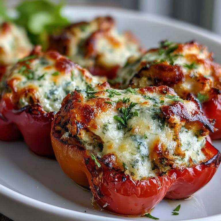 A close-up showcases Pesto Chicken Stuffed Sweet Peppers with vibrant red and yellow peppers. Parmesan and fresh basil garnish the golden, bubbly cheese topping for a savory bite.