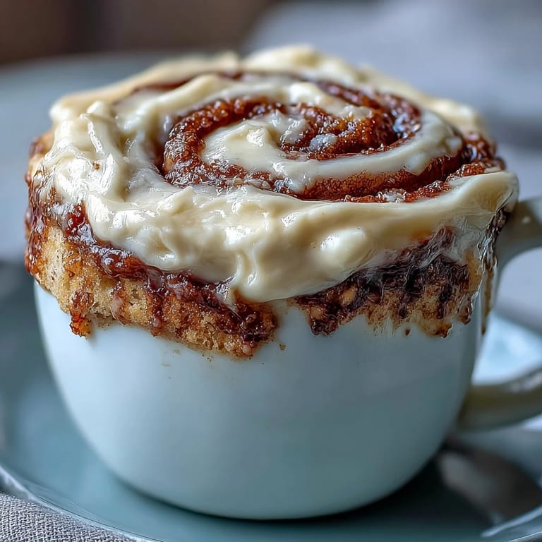 A single-serve microwave mug cake swirled with cinnamon sugar and finished with sweet cream cheese frosting.