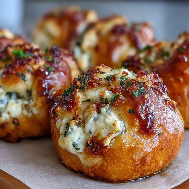 Close-up of a golden-brown Hot Honey Ricotta Stuffed Garlic Knots torn open to reveal the creamy ricotta and Parmesan filling.