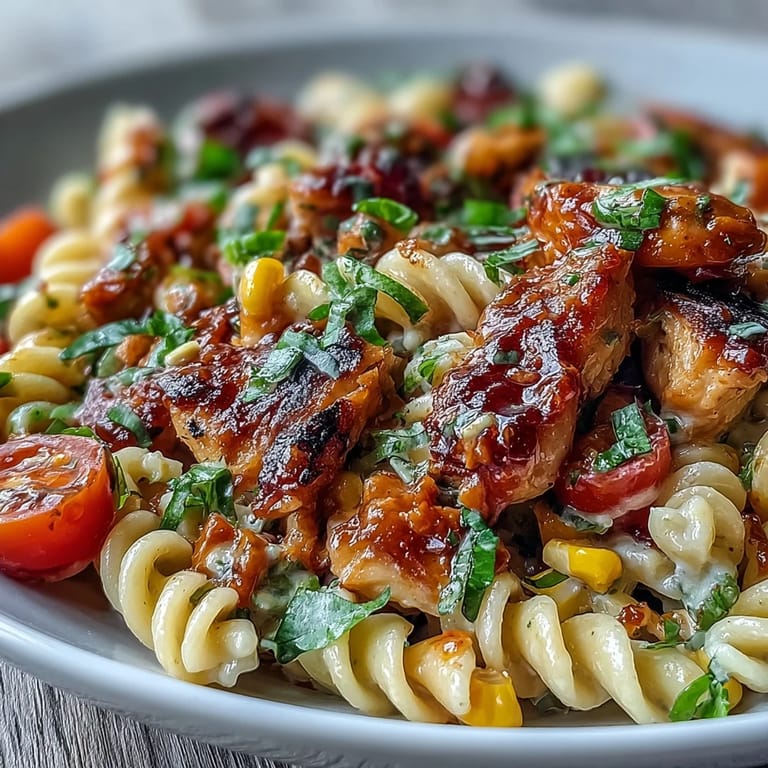 Freshly tossed Honey BBQ Chicken Pasta Salad featuring glazed chicken chunks, red bell pepper, and smoky dressing on a rustic table.