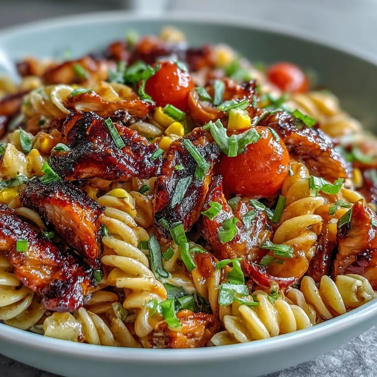 Ready-to-serve Honey BBQ Chicken Pasta Salad garnished with chives, perfect for potlucks, outdoor barbecues, and summer gatherings.