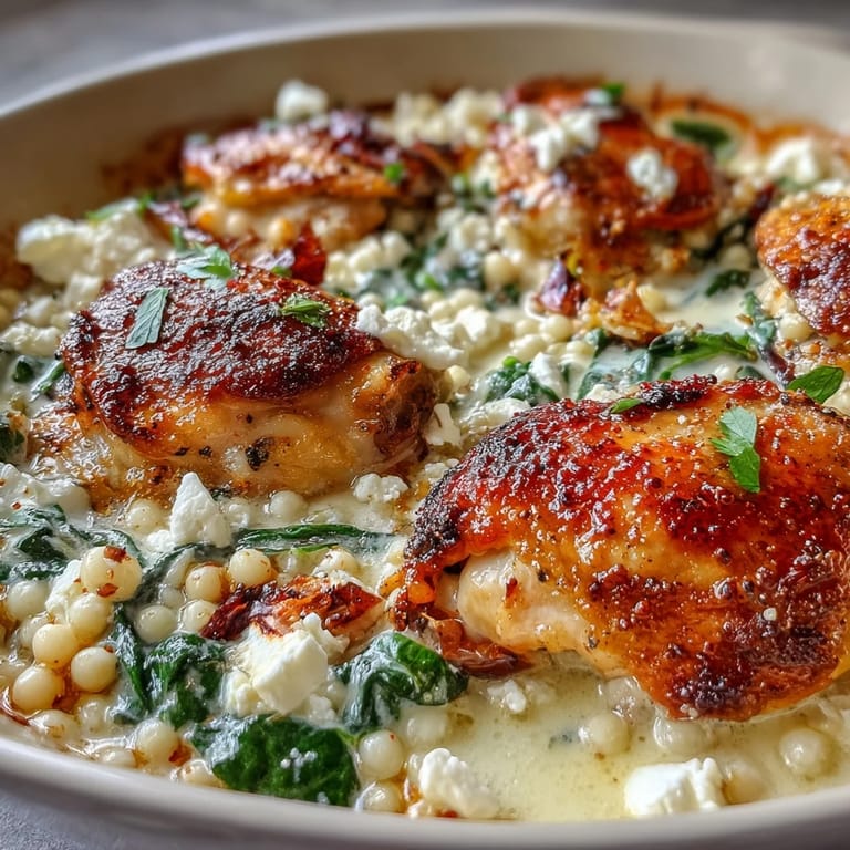 A hearty serving of Creamy Greek Chicken & Pearl Couscous Bake with lemon wedges and a crisp side salad.