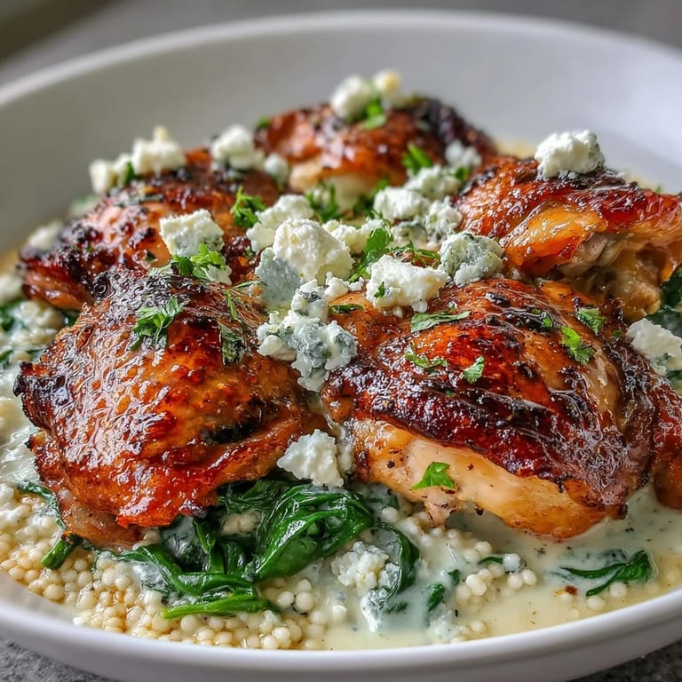 Close-up view of the Creamy Greek Chicken & Pearl Couscous Bake highlighting tender chicken thighs and baby spinach.