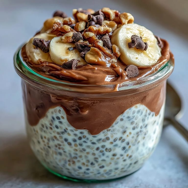 A spoon digs into creamy Chunky Monkey Overnight Chia Pudding topped with sliced bananas, walnuts, and chocolate chunks.