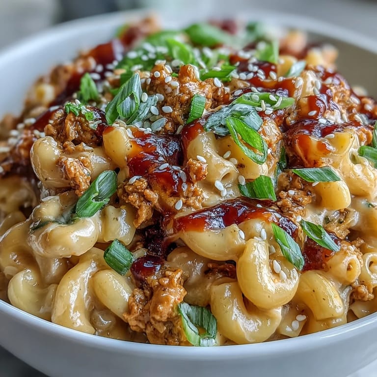Korean-Style Turkey Mac & Cheese features golden cheese sauce, gochujang turkey, and toasted sesame seeds over pasta.