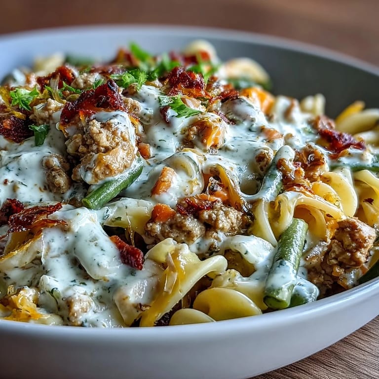 A spoon scoops into Creamy Ranch Turkey & Veggie Skillet, revealing a savory blend of ground turkey, green beans, corn, and herbs in ranch sauce.