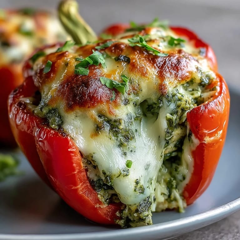 Close-up of Pesto Chicken Stuffed Sweet Peppers, bubbling cheese and vibrant peppers on a baking sheet.