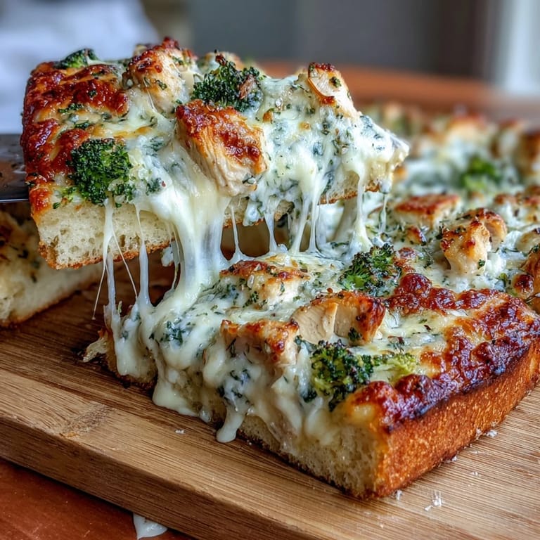 A slice of Garlic Parmesan Chicken & Broccoli Pizza lifted to reveal melted mozzarella and tender chicken on thin crust.