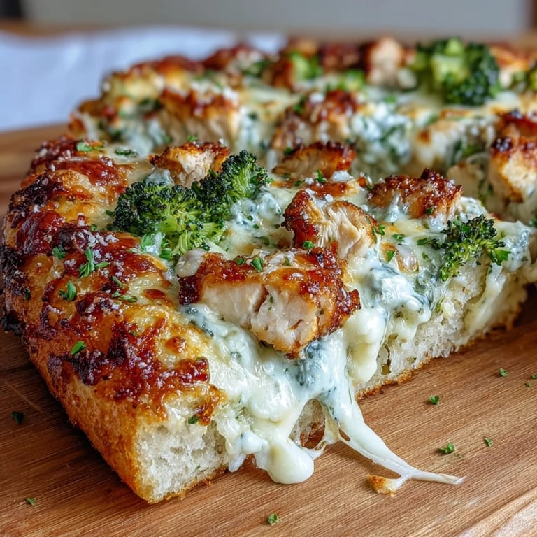 Serving suggestion for Garlic Parmesan Chicken & Broccoli Pizza, garnished with fresh parsley and red pepper flakes beside white wine.
