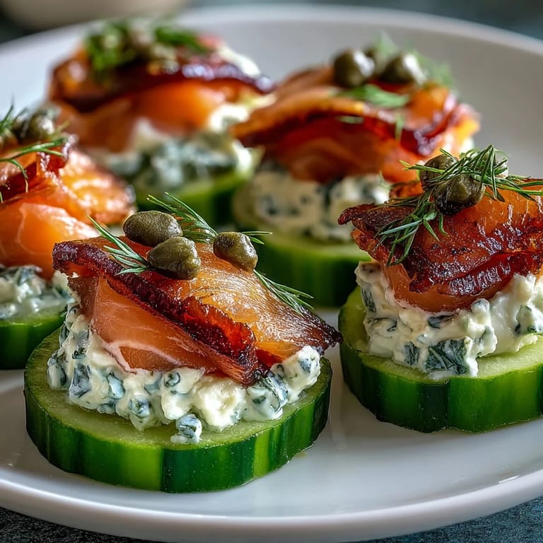 Chilled Keto Smoked Salmon and Cream Cheese Cucumber Bites served as an easy low-carb appetizer.