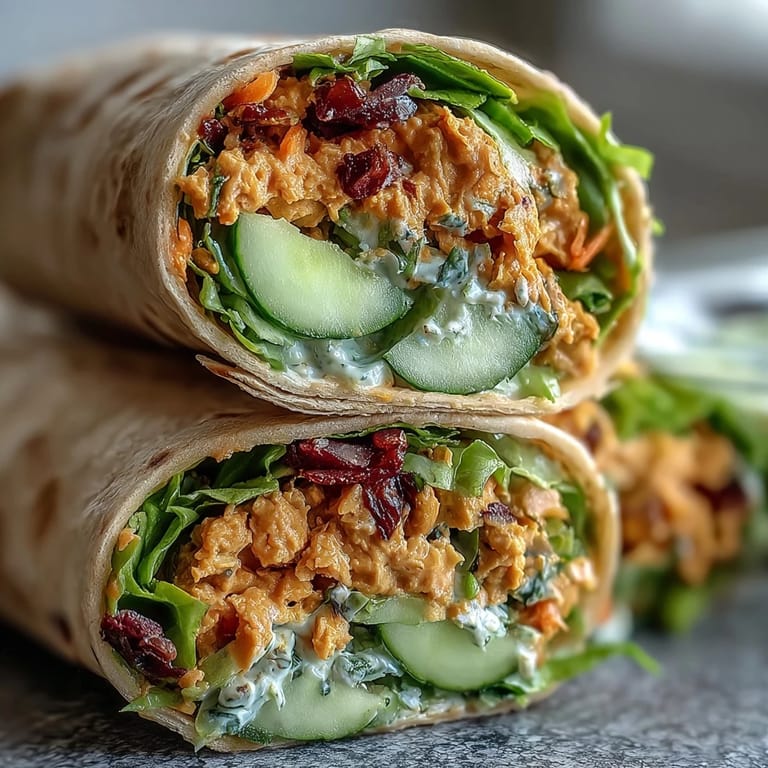 Colorful plate of Vegan Buffalo Chickpea Salad Wraps with avocado and lemon wedges.