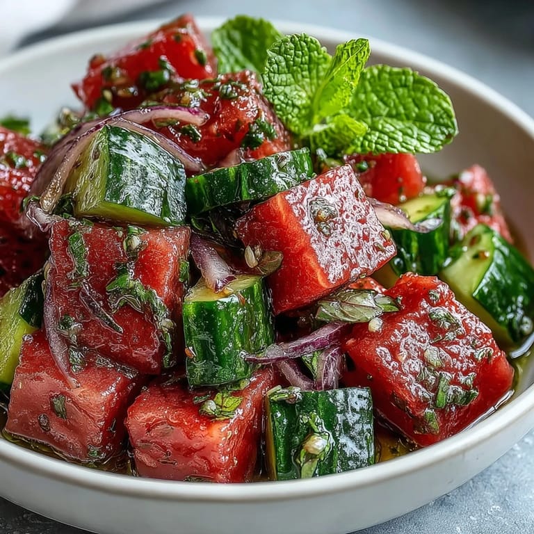 A refreshing Summer Watermelon Cucumber Mint Salad plated on a rustic table, perfect for a light vegan side dish.