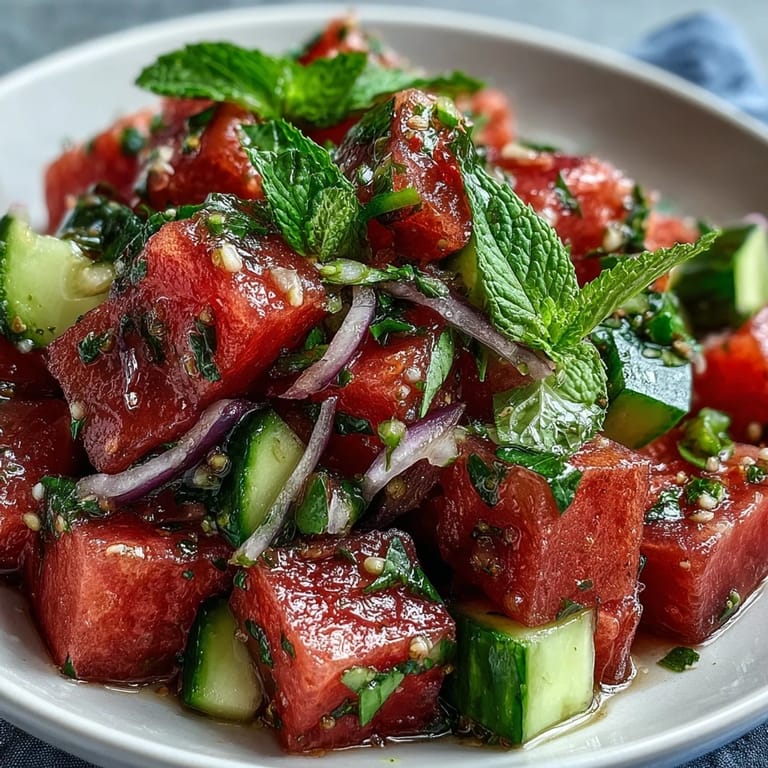 Glistening cubes of Summer Watermelon Cucumber Mint Salad with diced cucumber, red onion, and a light dressing drizzle.