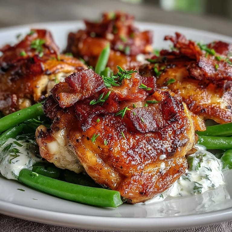 Juicy chicken thighs with golden skin and ranch seasoning, served with lemon-kissed green beans.