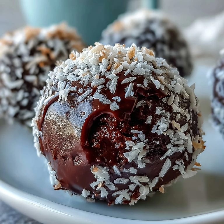These Vegan Chocolate Avocado Truffles are rolled in shredded coconut, ready to serve.