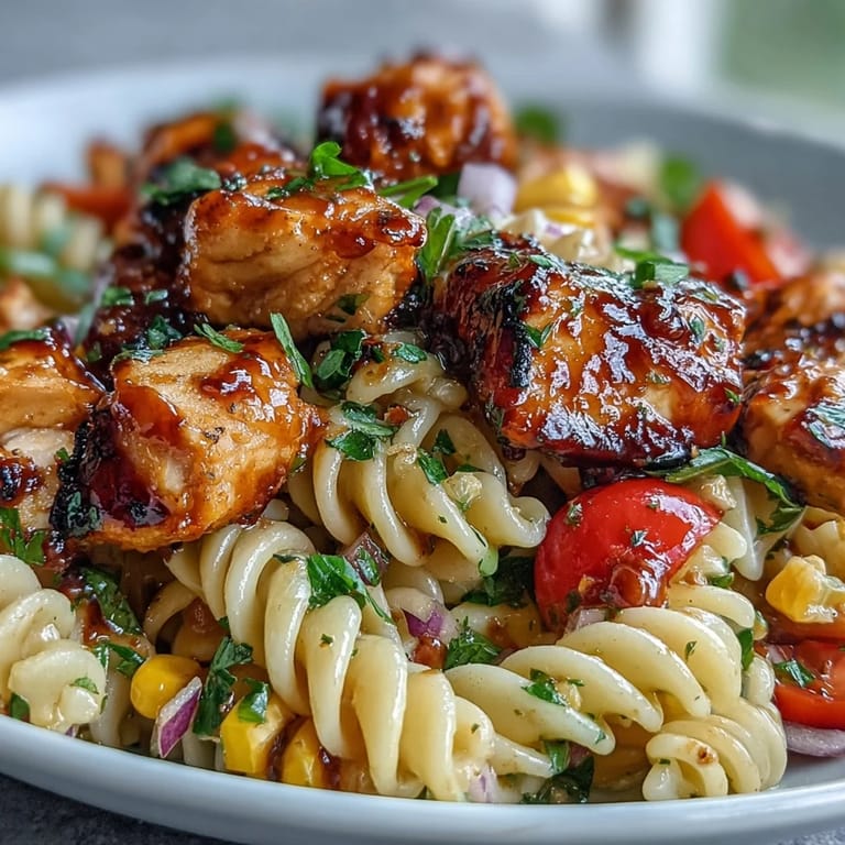 Colorful Honey BBQ Chicken Pasta Salad in a white bowl, featuring corn, celery, and fresh parsley garnish, perfect for a picnic or potluck.