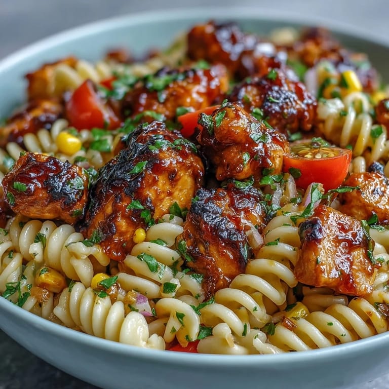 Honey BBQ Chicken Pasta Salad served on a plate, showcasing smoky dressing-coated pasta, juicy chicken, and crisp vegetables ready to eat.