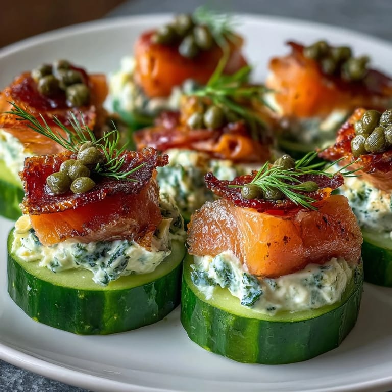 Close-up of Keto Smoked Salmon and Cream Cheese Cucumber Bites with creamy filling and silky smoked salmon.