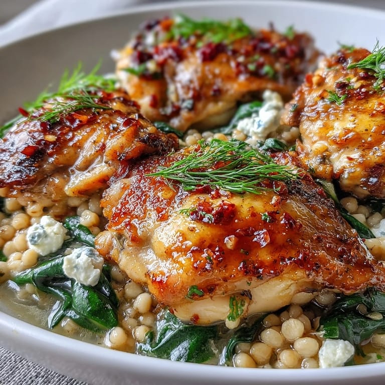 Steaming one-pan Mediterranean dinner featuring spinach and crumbled feta in a creamy Greek Chicken & Pearl Couscous Bake.