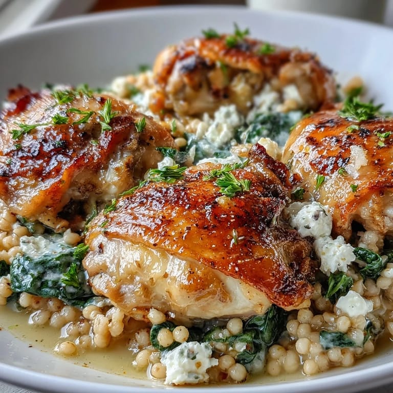 Serve this comforting Greek Chicken & Pearl Couscous Bake straight from the skillet, garnished with fresh herbs and lemon.