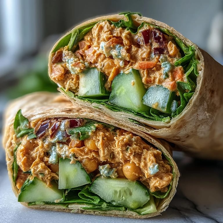 Halved Vegan Buffalo Chickpea Salad Wraps reveal chunky chickpea mash and vibrant veggies inside.
