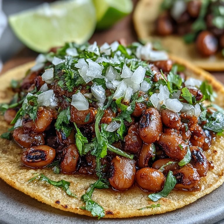 Warm flour tortillas stuffed with hearty black-eyed peas seasoned with cumin and smoked paprika, garnished with vibrant salsa and a squeeze of fresh lime.  