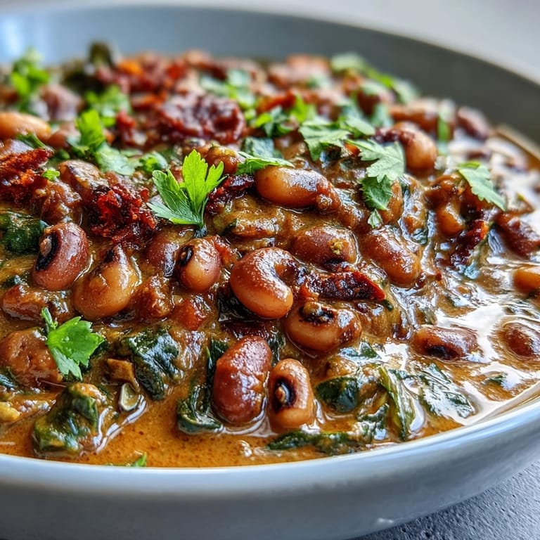 Flavorful black-eyed pea curry featuring cumin, coriander, and garam masala, garnished with lime and cilantro, perfect for a cozy dinner.