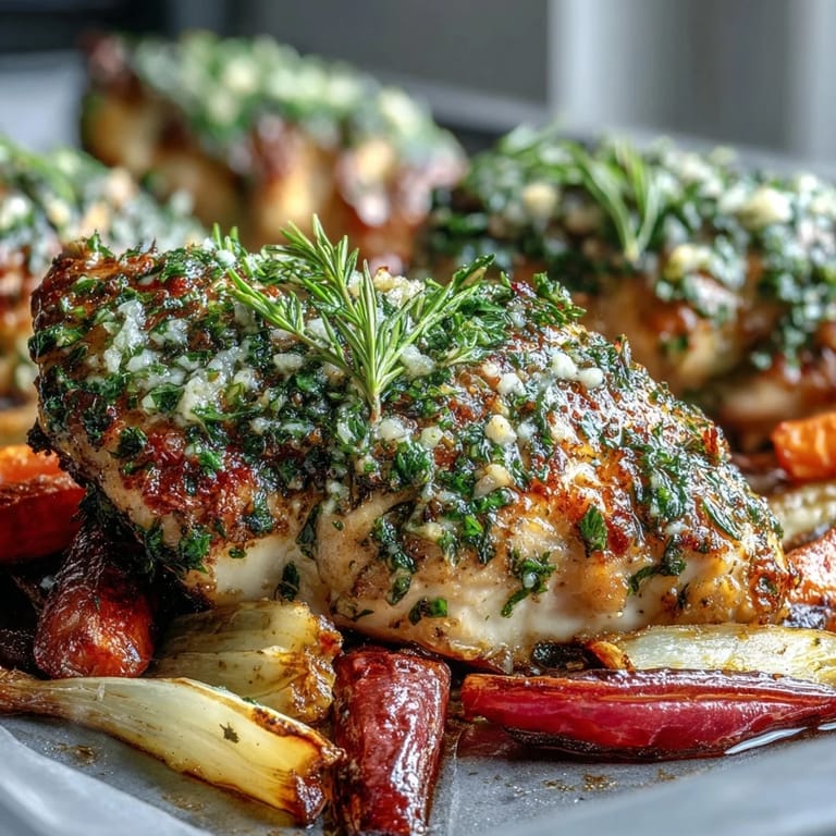 The aromatic rosemary and thyme crust glistens as the root vegetables become tender and caramelized.