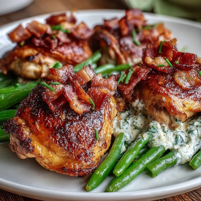 A skillet of Keto Bacon Ranch Chicken Thighs with green beans, finished with fresh parsley.