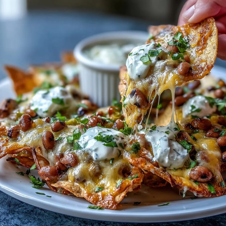 Crispy tortilla chips piled high with black-eyed peas, gooey cheddar, sour cream, and diced tomatoes.