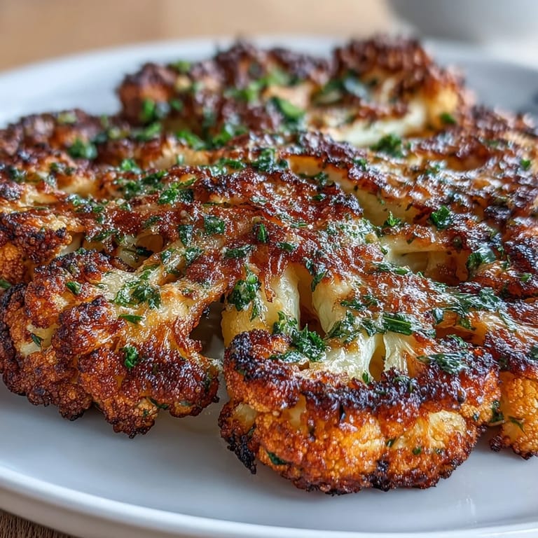 Crispy-edged cauliflower steaks baked with a rich garlic-Parmesan topping, offering a flavorful and healthy keto-friendly dinner option.