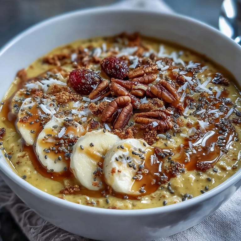 Creamy overnight oats infused with turmeric and ginger, garnished with chia seeds and toasted coconut for a vibrant, nourishing breakfast.