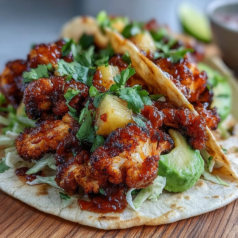 Roasted smoky BBQ cauliflower florets nestled in soft tortillas with vibrant pineapple salsa, red cabbage, and cilantro for a colorful vegan dinner.