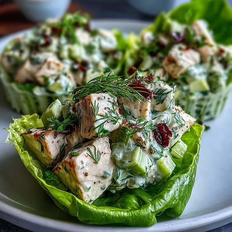 Protein-packed chicken salad with avocado and dill, served in butter lettuce cups for a gluten-free, low-carb dinner option.