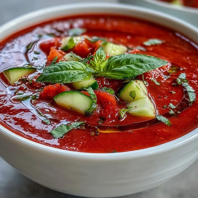 Refreshing chilled Slim Summer Gazpacho with Cucumber, Tomato, and Bell Pepper, served in a glass pitcher alongside rustic bread for a light meal.